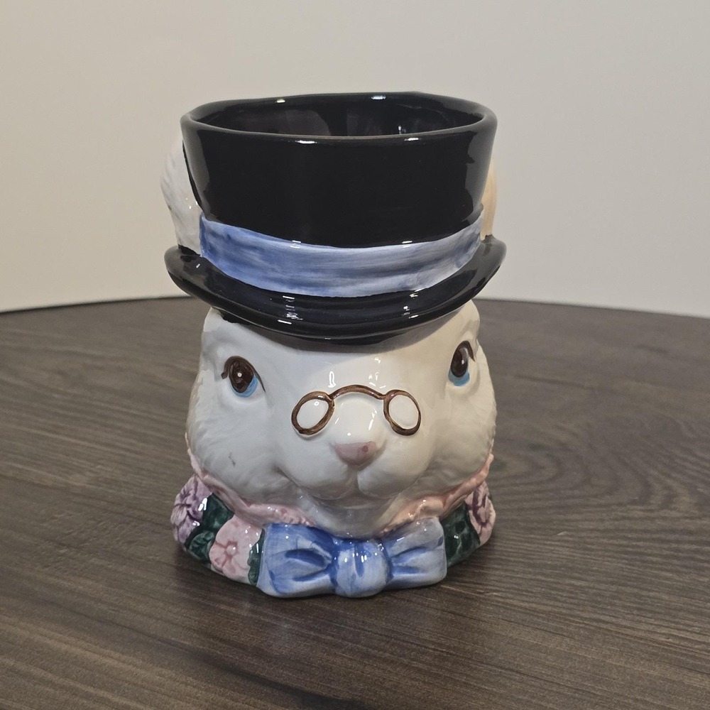 Vintage 1991 Fitz & Flyod Bloomers Rabbit With Glasses & Top Hat‎ Easter Mug